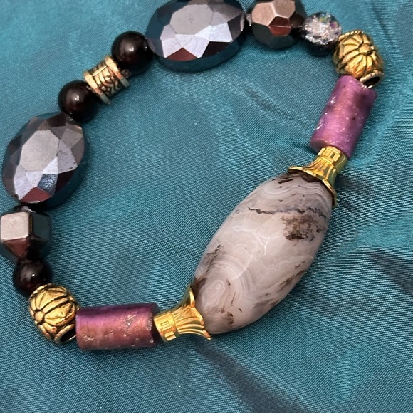 Montana Moss Agate Handmade Bracelet Beaded Crystal And Metal Stretch Artisan 7 - Picture 3 of 9